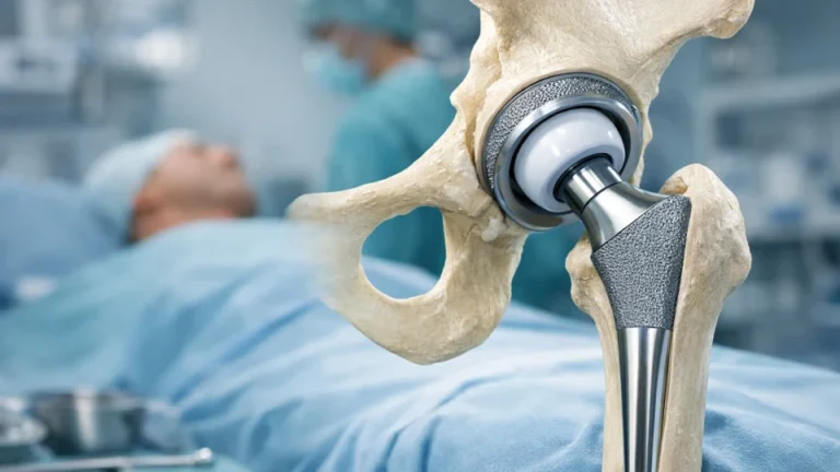Ilustrație medicală a unui implant modern de șold cu accent pe protezarea de șold și stabilitate postoperatorie.