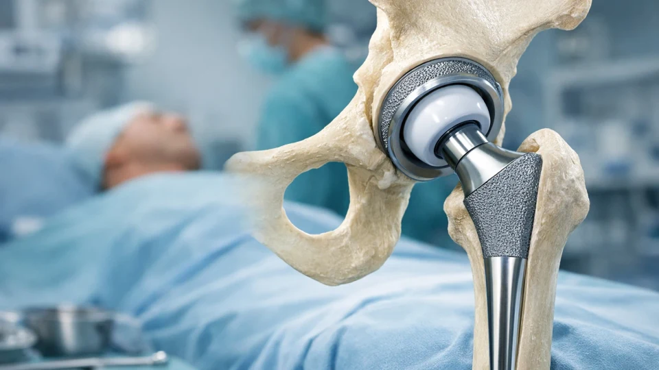 Ilustrație medicală a unui implant modern de șold cu accent pe protezarea de șold și stabilitate postoperatorie.