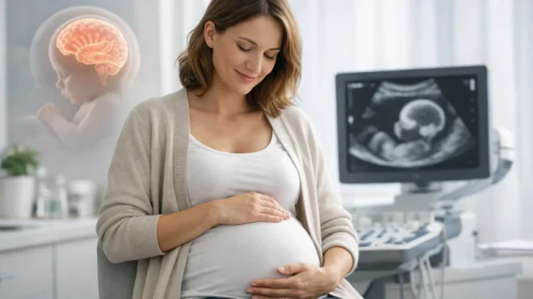 Femeie însărcinată într-un cadru medical, ilustrând legătura dintre sănătatea maternă și dezvoltarea creierului bebelușului.