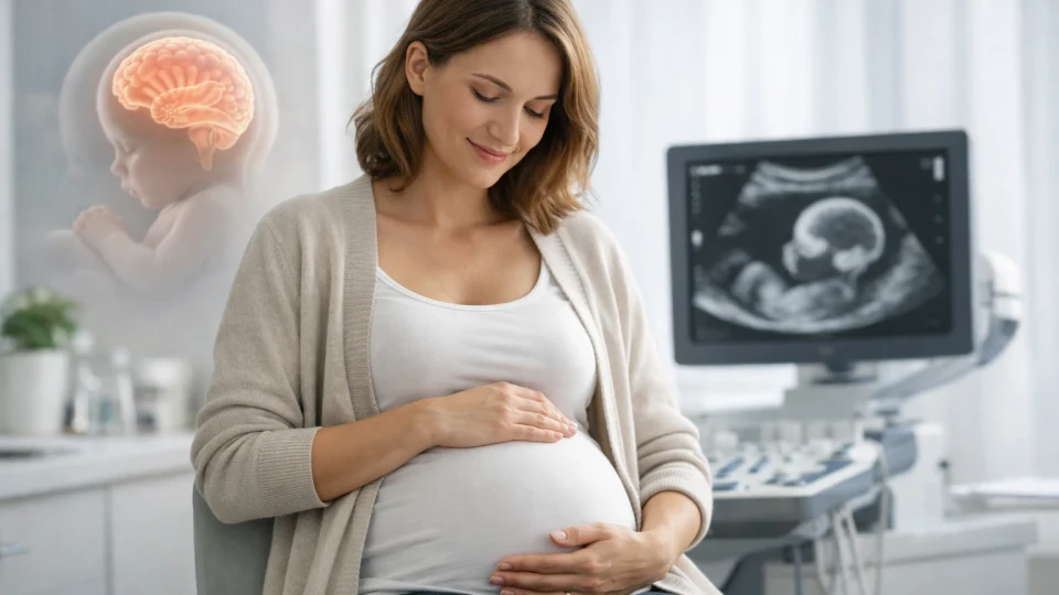 Femeie însărcinată într-un cadru medical, ilustrând legătura dintre sănătatea maternă și dezvoltarea creierului bebelușului.