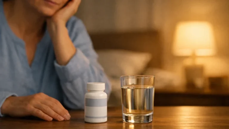 Persoană adultă într-un ambient calm de seară, alături de o cutie de melatonină, sugerând discuția despre melatonină și durerea cronică.