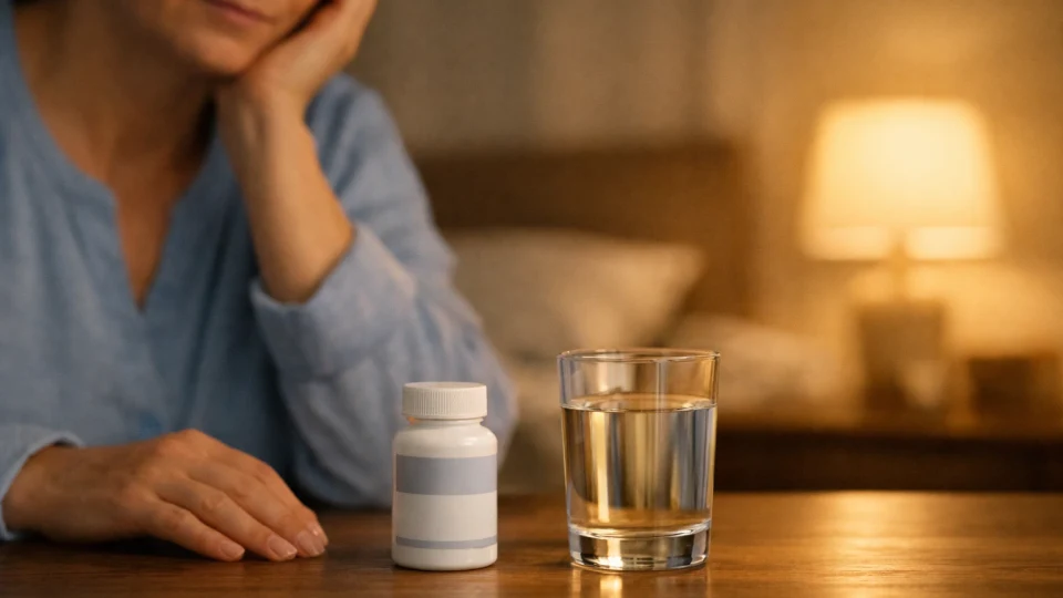 Persoană adultă într-un ambient calm de seară, alături de o cutie de melatonină, sugerând discuția despre melatonină și durerea cronică.